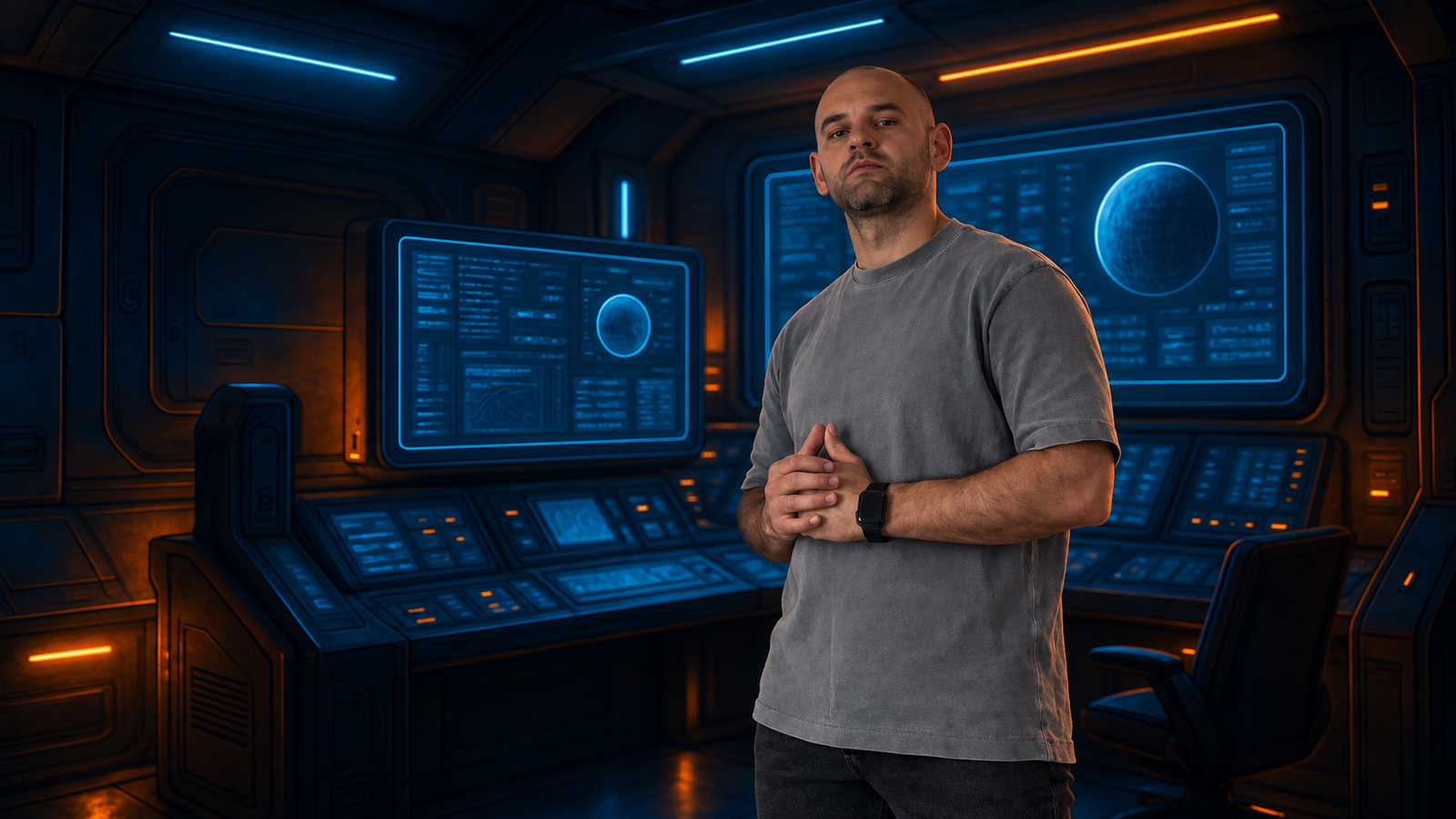 Danko Goluza in a futuristic command room with blue displays and orange lighting, as featured in the About page hero