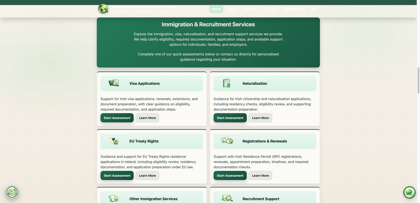 IVANS service cards pairing plain-language descriptions with Start Assessment and Learn More buttons
